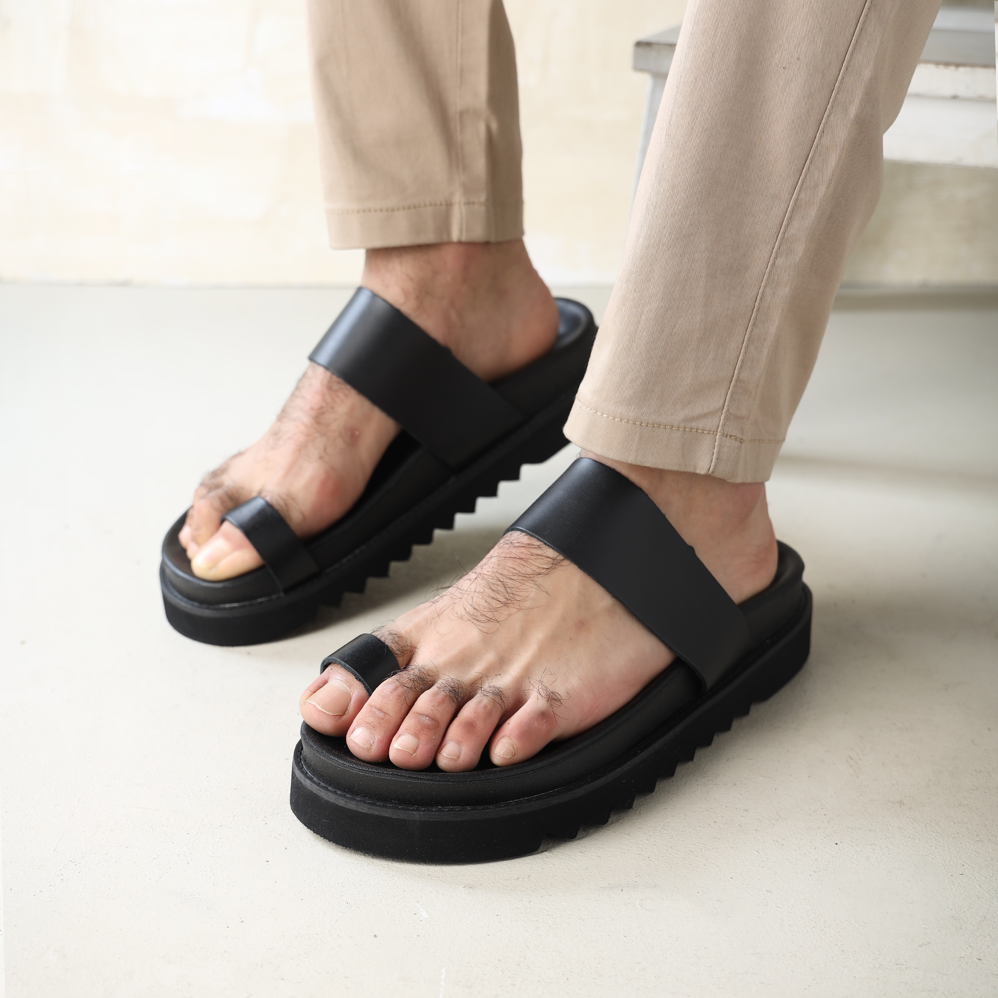 "Natural Leather Black Slippers"